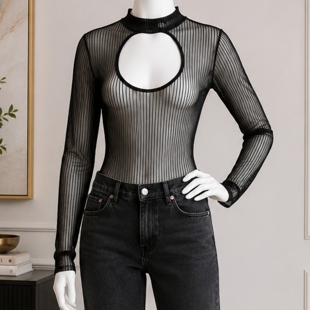 Commense Womens Bodysuit Black Sheer Mesh Front Cutout Ribbed Long Sleeve M